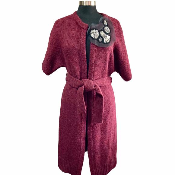 Vera Wang Lavender Lable Long Cardigan Wool Alpaca Blend SM Beaded Embellishment - Picture 2 of 11